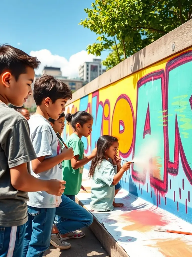 A photo of children and adolescents working together on a community art project, creating a mural that reflects their shared experiences and aspirations, emphasizing the community-building aspect of L'ANE A AILES COMPAGNIE.