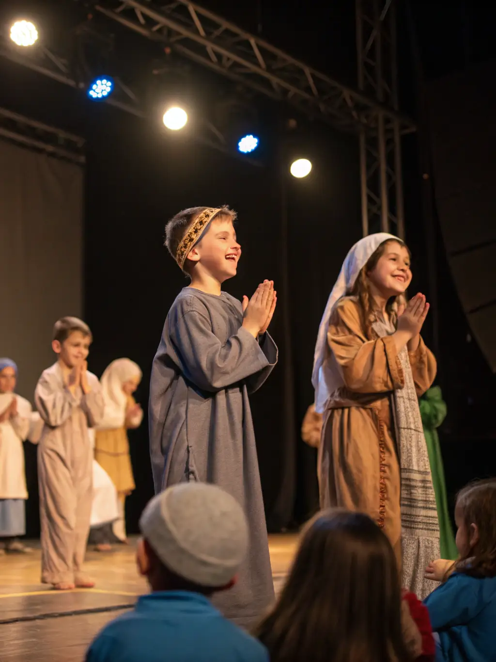 An image showing a diverse group of children performing a play on stage, with colorful costumes and expressive gestures, highlighting the inclusive and empowering nature of L'ANE A AILES COMPAGNIE's performances.