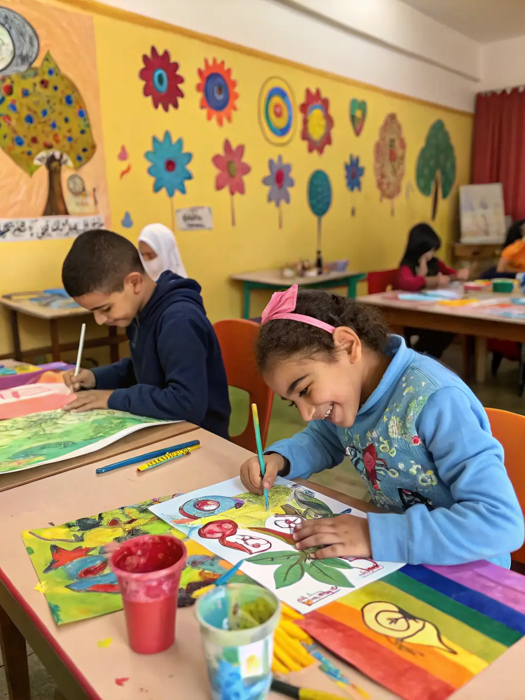A vibrant image depicting children actively participating in a theatre workshop, painting set designs with enthusiasm and joy, showcasing the creative energy fostered by L'ANE A AILES COMPAGNIE.