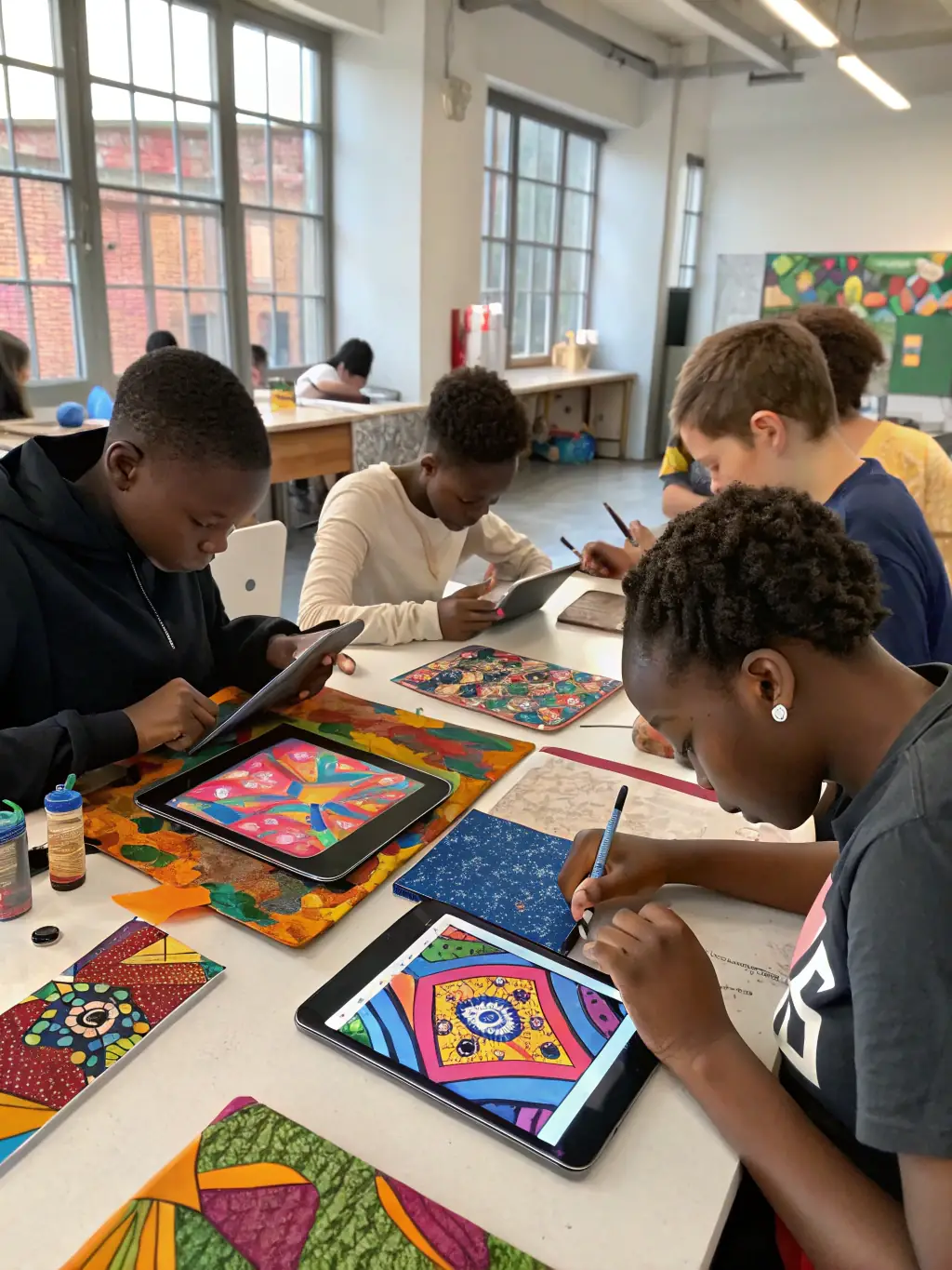 A photo of adolescents engaged in a collaborative art project, showcasing their artistic skills and cultural exchange, with diverse backgrounds represented.