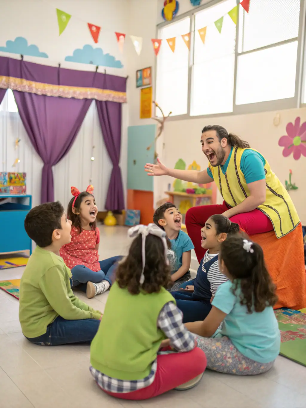 A vibrant image of children actively participating in a theatre workshop, showcasing their engagement and teamwork, set in a colorful and inspiring environment.