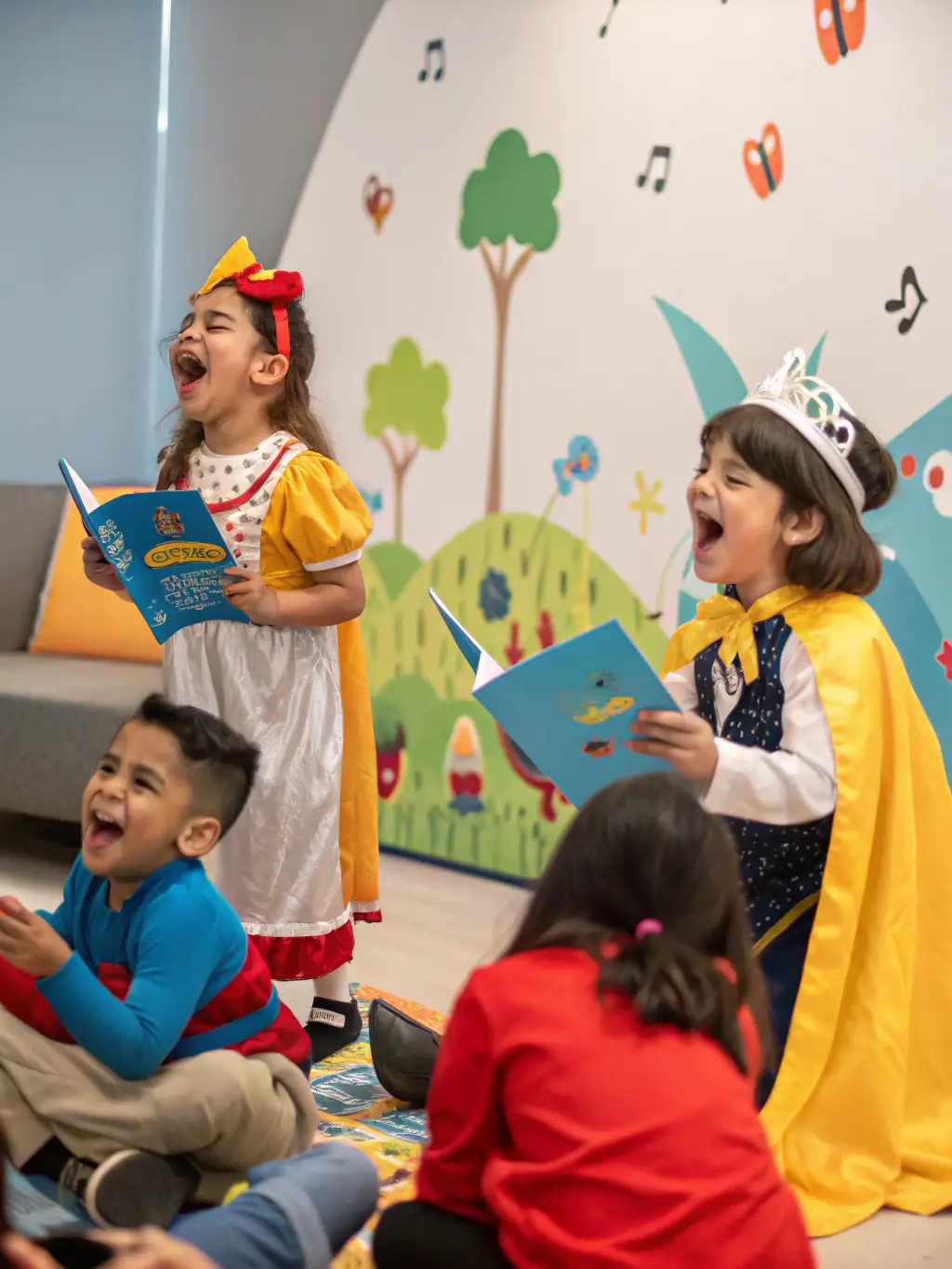 A vibrant image of children participating in a theatre workshop, focused on creative expression and teamwork, set in a colorful and engaging environment.