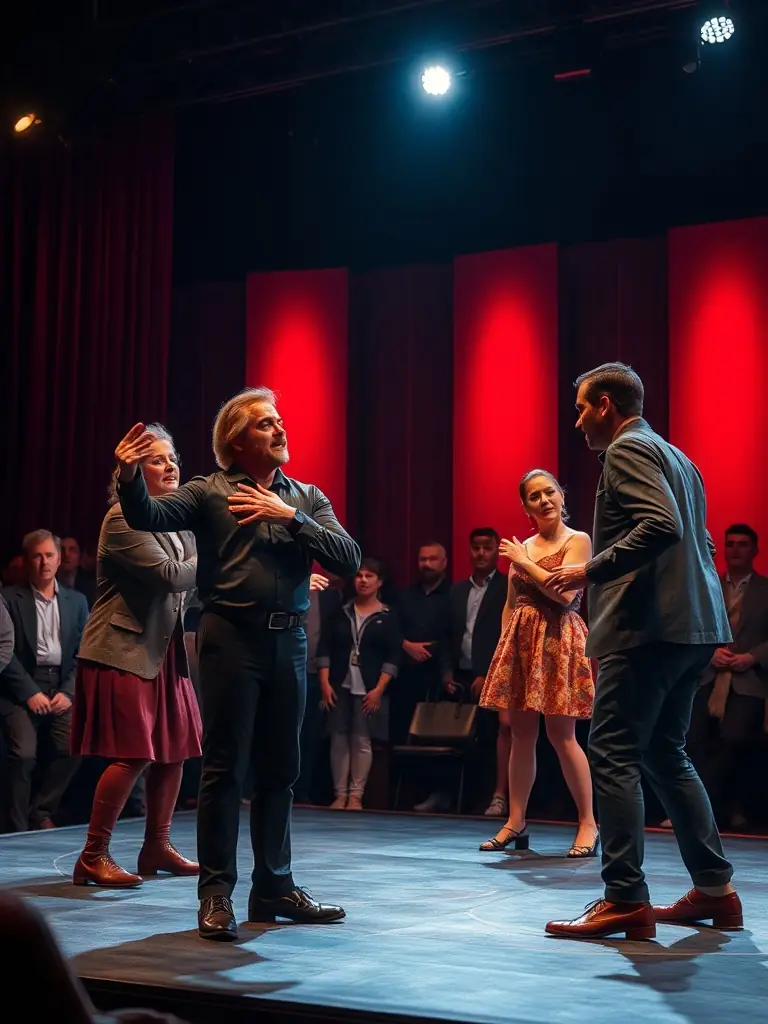 A dynamic shot of a live theatre performance, capturing the energy and excitement of the actors and the audience, highlighting the organization's theatrical productions.
