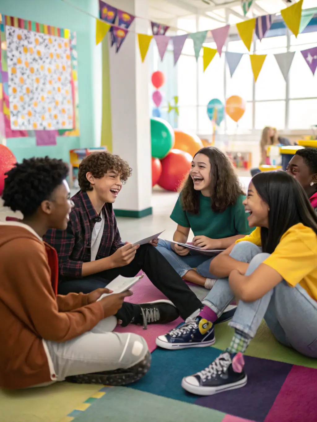 A photograph capturing adolescents engaged in a lively debate during a sociocultural exchange program, demonstrating critical thinking and respectful dialogue facilitated by L'ANE A AILES COMPAGNIE.